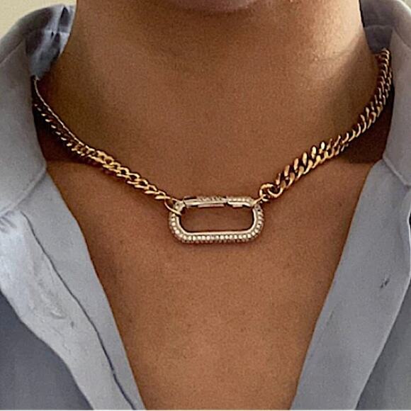 Gold Zircon Rectangular Charm Necklace Chain Link - Picture 2 of 11